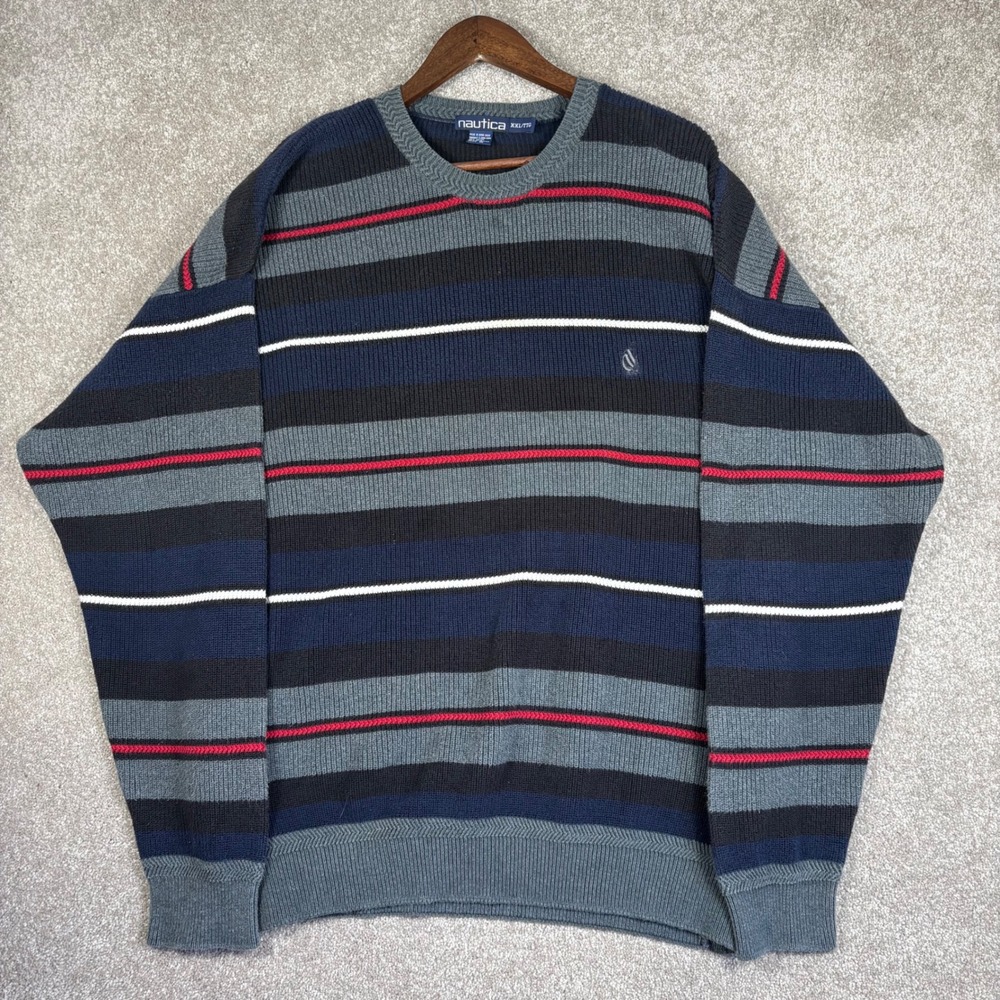 Nautica Mens XXL Striped Cotton Knit Crew Neck Sweater Navy Grey Red Logo